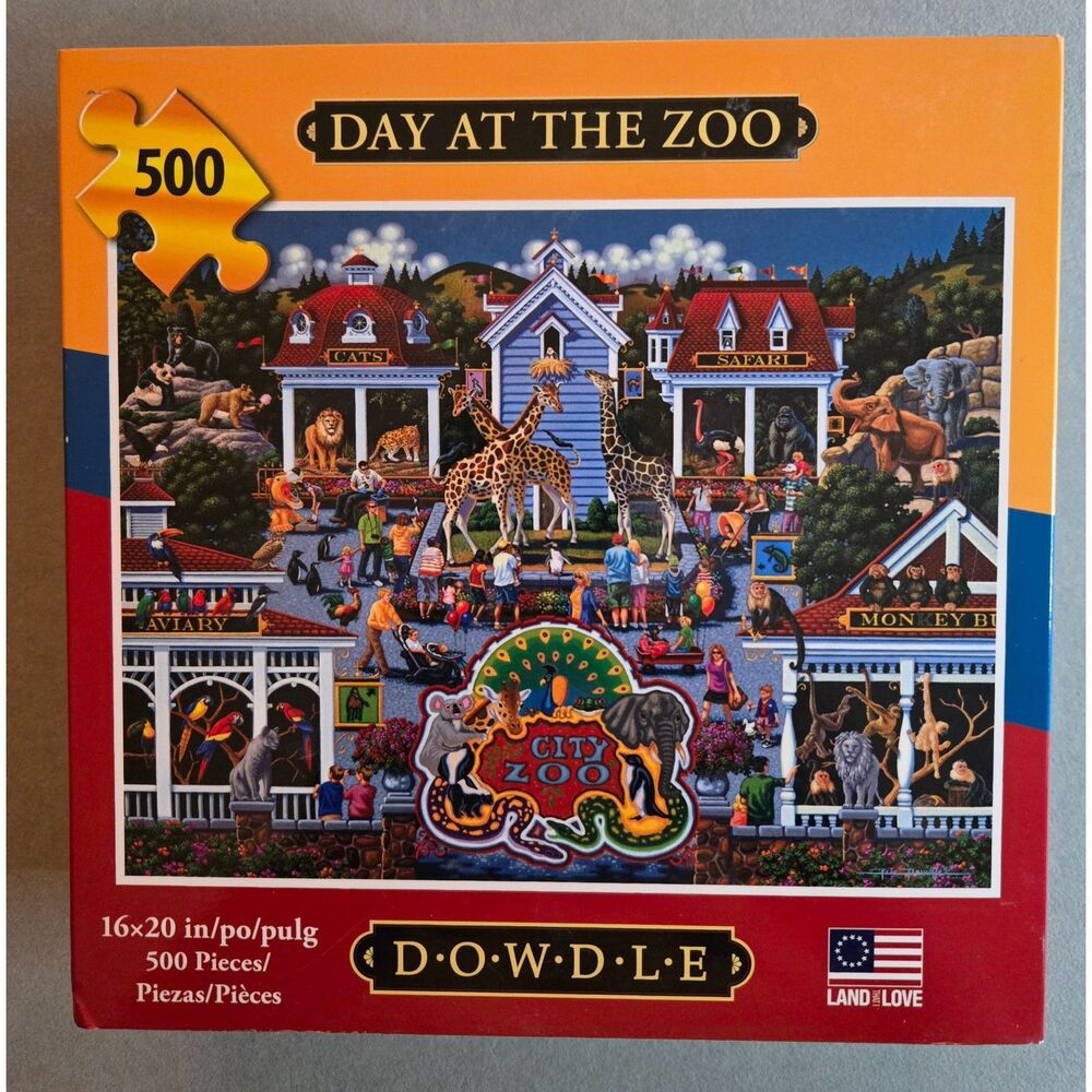 Dowdle Day At The Zoo 500 pc Eric Dowdle Complete 2021 Giraffe Elephant Lion